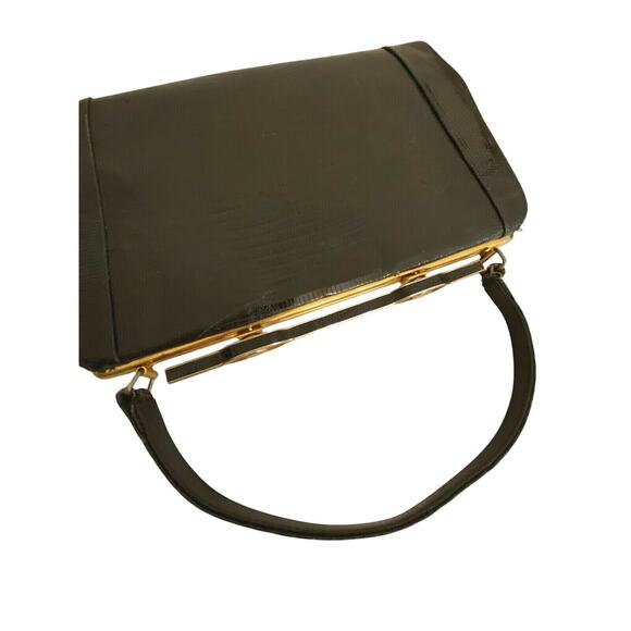 Vintage Mid Century Top Handle Purse Black / Brown Lizard Skin Textured Leather - Picture 4 of 10